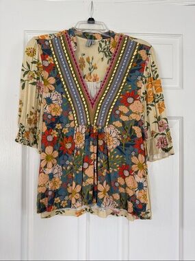 Anthropologie Boho Floral V-Neck Peasant Top in Multi
